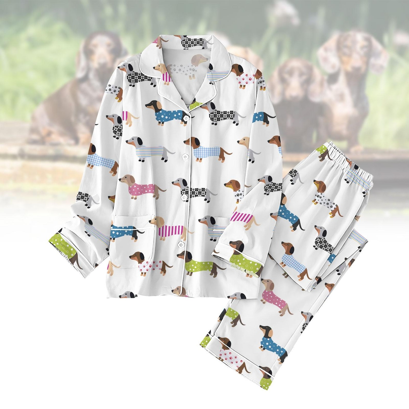 Dackel Pyjama Set, Luxus Seidenpyjama weiche Nachtwäsche für Damen