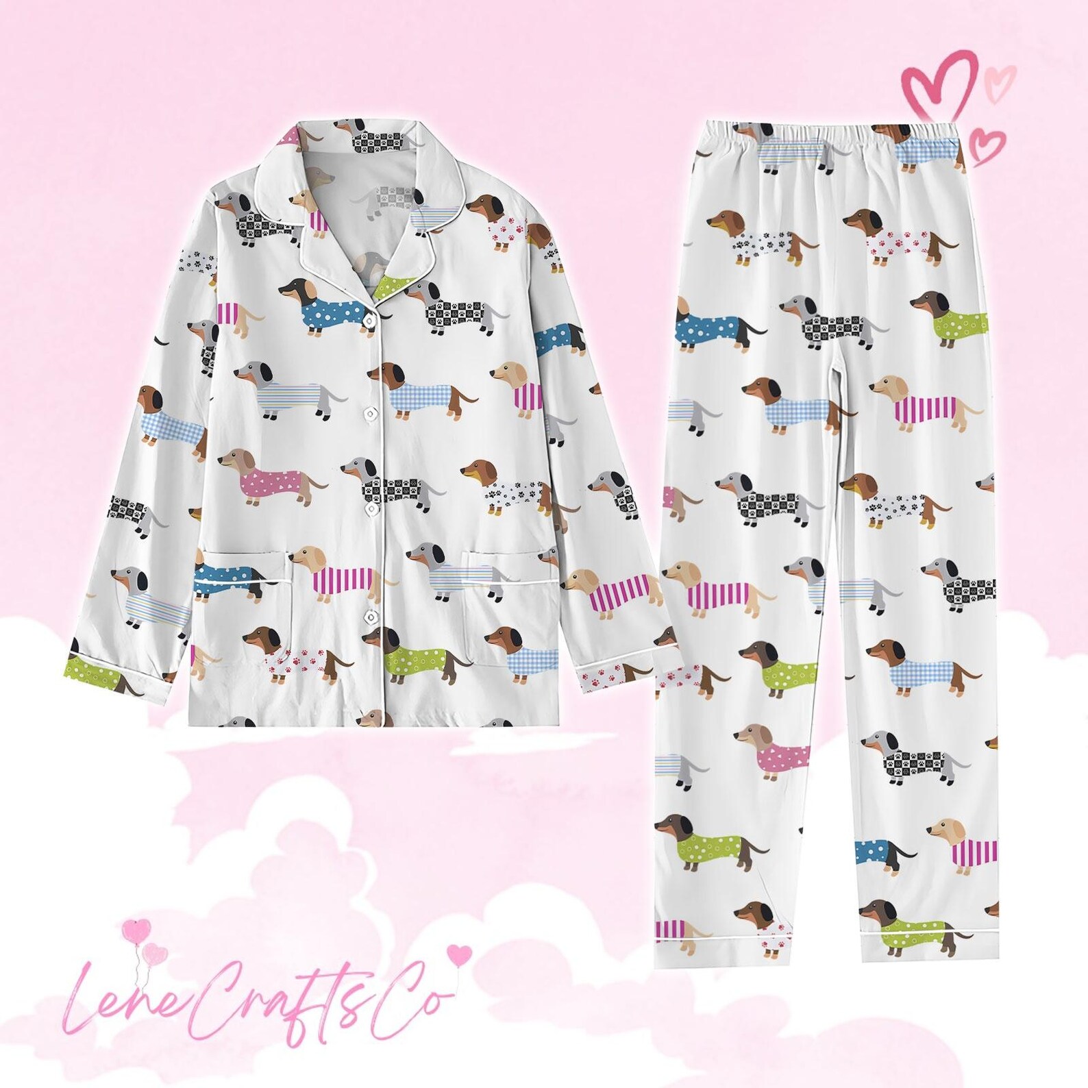 Dackel Pyjama Set, Luxus Seidenpyjama weiche Nachtwäsche für Damen - Bild 3 von 7