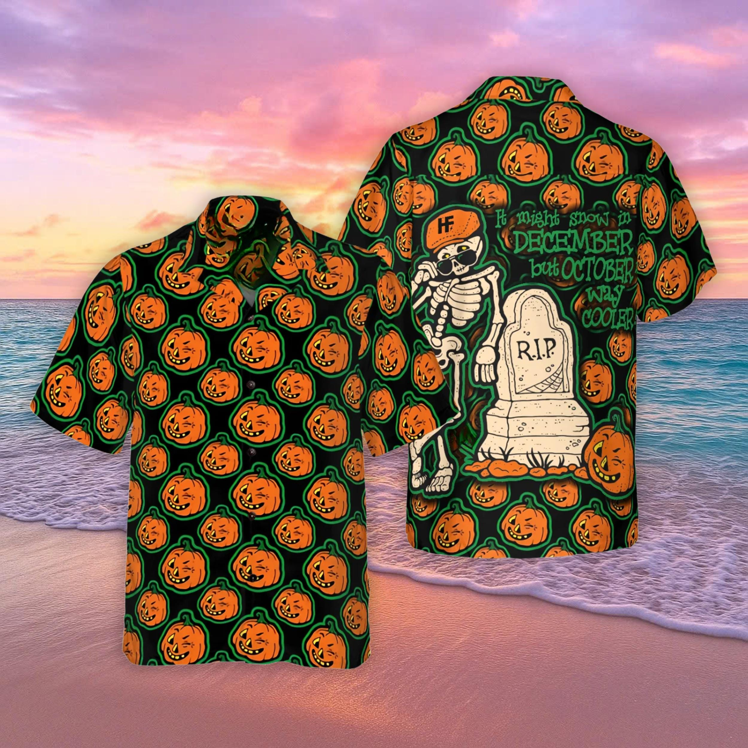 Halloween Pumpkin And Skeleton Hawaiian Shirt Funny October RIP Tombstone Tee Sp