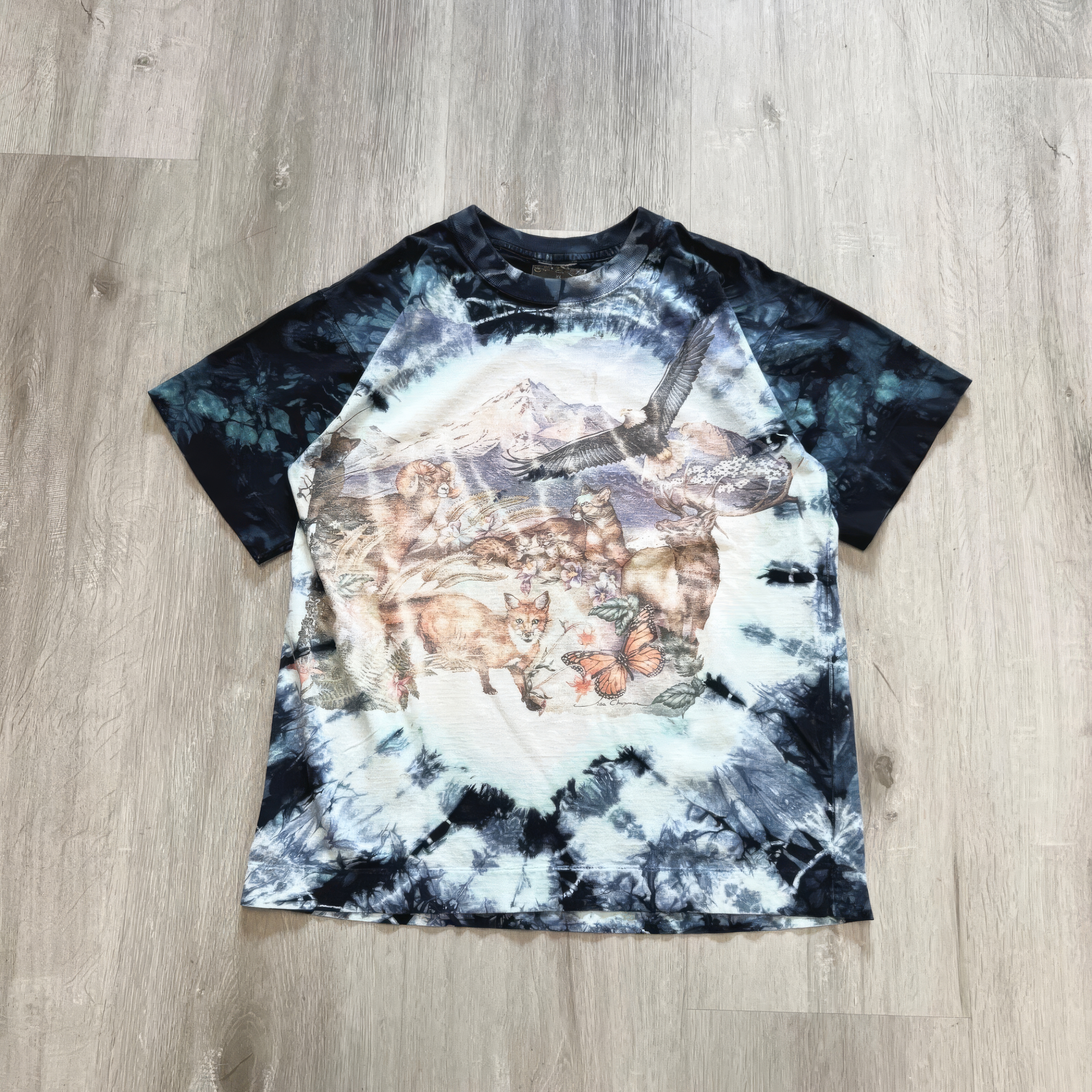 Gr. Jugend XL 90er Lisa Chapman Batik Tier Safari T-Shirt Vintage Natur